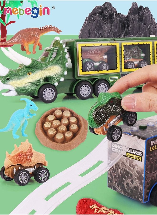 MEBEGIN - 9 PCS Dinosaur Truck Carrier with 1 rockery 2 Trees 1 Dinosaur Egg Nest 3 Dinosaurs Light and Sound Pull Back Car Toy for Toddler Boys 3 to 5 Years Old - Image 1
