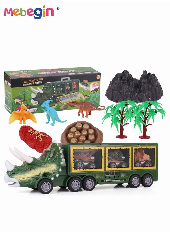 MEBEGIN - 9 PCS Dinosaur Truck Carrier with 1 rockery 2 Trees 1 Dinosaur Egg Nest 3 Dinosaurs Light and Sound Pull Back Car Toy for Toddler Boys 3 to 5 Years Old - Image 1