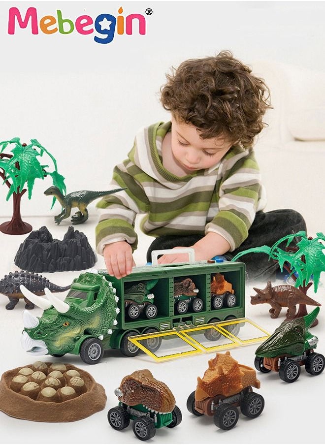 MEBEGIN - 9 PCS Dinosaur Truck Carrier with 1 rockery 2 Trees 1 Dinosaur Egg Nest 3 Dinosaurs Light and Sound Pull Back Car Toy for Toddler Boys 3 to 5 Years Old - Image 1