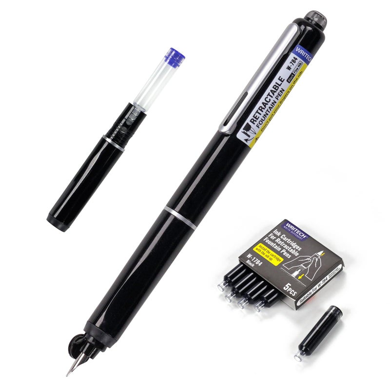 WRITECH Retractable Fountain Pen Set: Fine Nib Black Ink Pens Includes 5 Ink Cartridges Smooth Writing for Sketching Journaling Calligraphy Gift (Black) - Image 1
