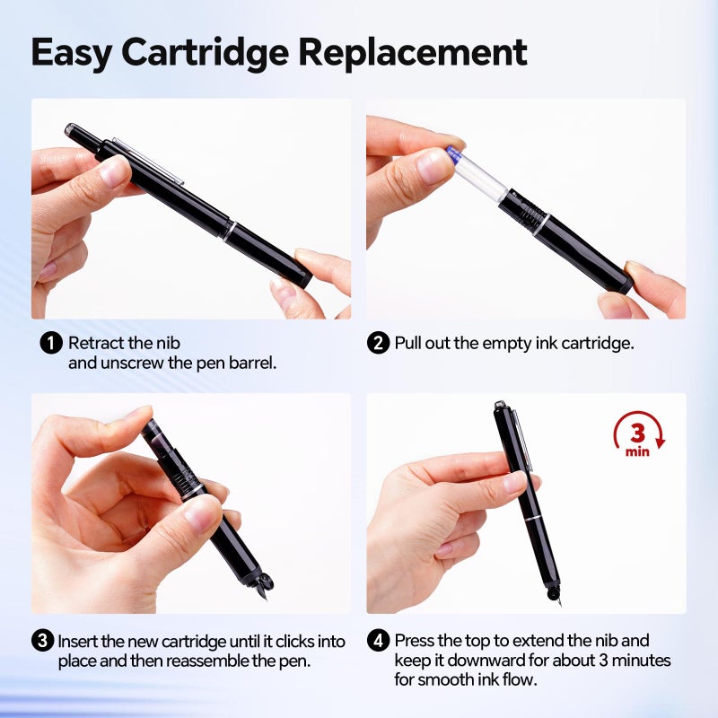 WRITECH Retractable Fountain Pen Set: Fine Nib Black Ink Pens Includes 5 Ink Cartridges Smooth Writing for Sketching Journaling Calligraphy Gift (Black) - Image 2