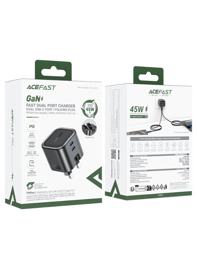 أسيفاست شاحن حائط ACEFAST A121 بقوة 45 واط بتقنية GaN مع منفذي USB-C وقابس بريطاني - Image 1