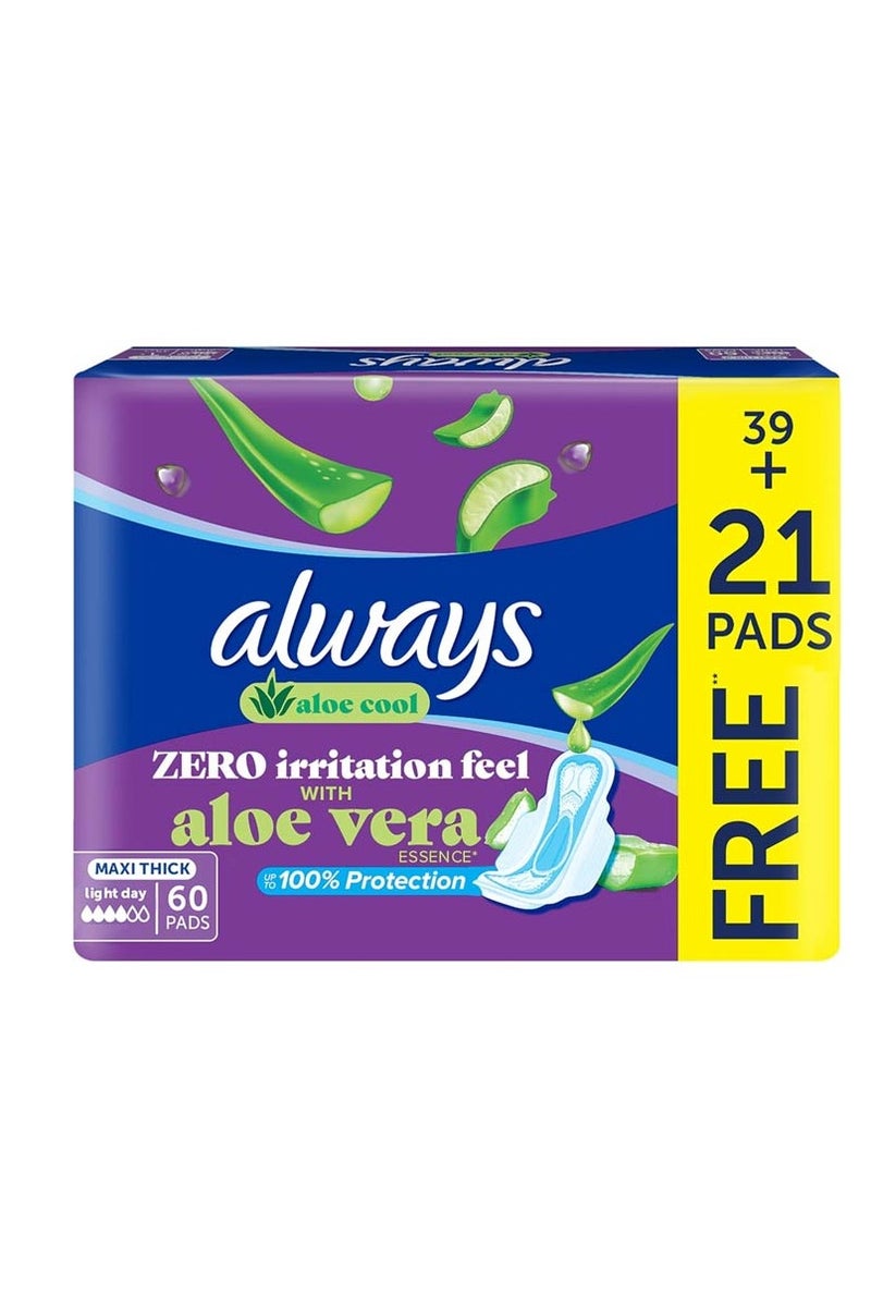 Always وسادات ألوة كول مع خلاصة الألوة فيرا لأيام خفيفة، لشعور بدون تهيج، وسادات ماكسي سميكة طويلة مع أجنحة، 60 قطعة