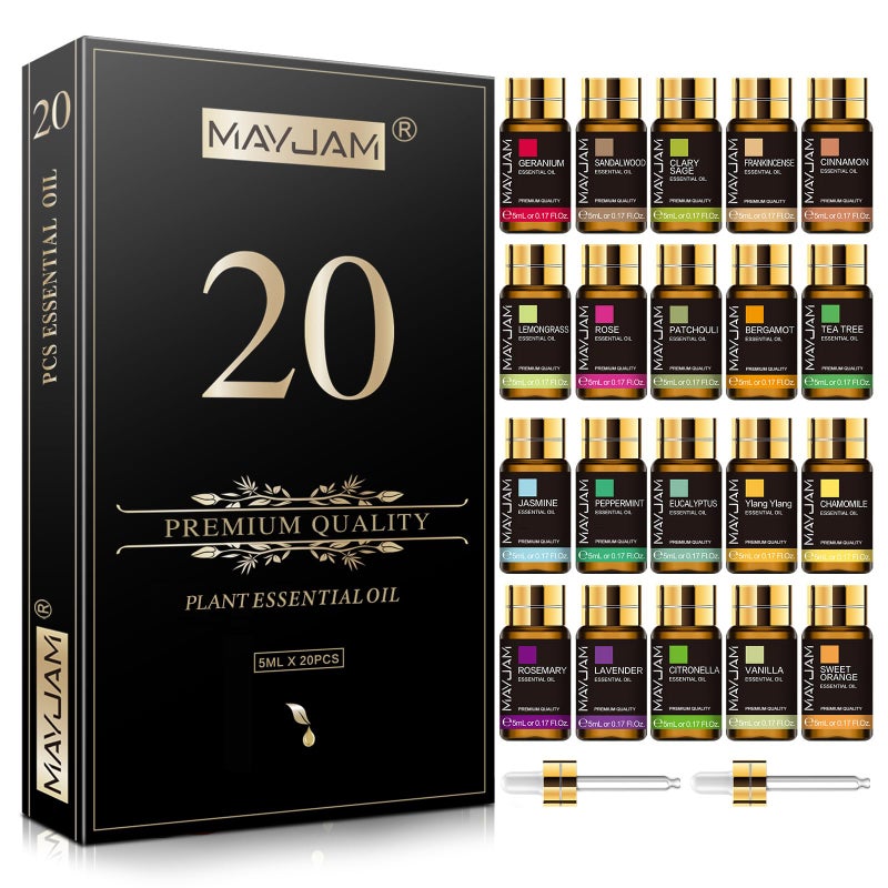 MAYJAM Tea Tree 20 Pcs Pure Essential Oil Gift Set, for Diffuser, Humidifiers, Skin Care, Massage, Fragrance Oil Scent for DIY Candle and Soap Making, Gift for Friend (5ML) - Image 1