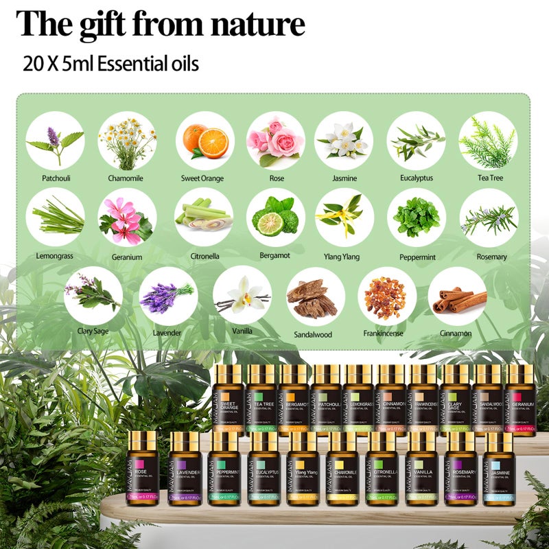 MAYJAM Tea Tree 20 Pcs Pure Essential Oil Gift Set, for Diffuser, Humidifiers, Skin Care, Massage, Fragrance Oil Scent for DIY Candle and Soap Making, Gift for Friend (5ML) - Image 2