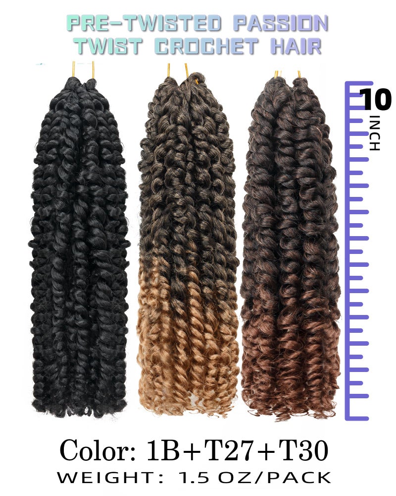 hahoness 10 Inches 9 Packs Passion Twist Crochet Hair-Mixed Color Combo Pack(7packs 1B+1pack T1B/27+1pack T1B/30),Pre Looped Pretwisted Hair Braided by Spring Kinky Twist Bohemian Curls(10"-9 Packs,1B+T27+T30) - Image 2