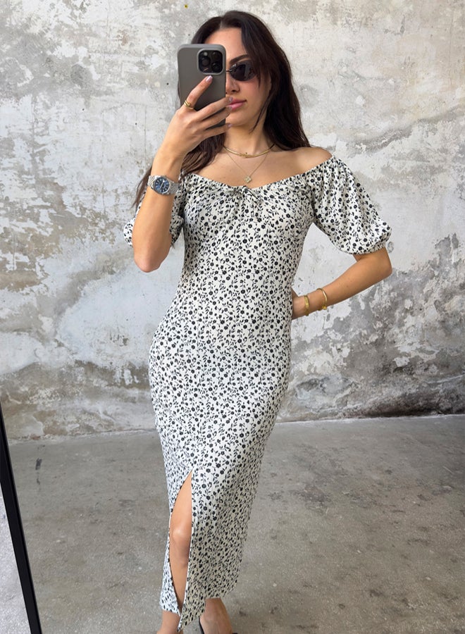 trendyol Floral Midi Carmen Neckline Slit Bodycone/Fits Body Knit Dress - Image 2