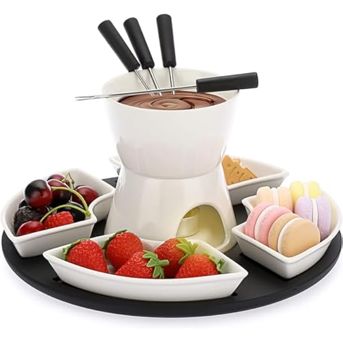 Bandai Hclshop Ceramic Butter Warmer Set With Wooden Pallet Fondue Pot Melting Pot Set Melt Hot Pot Bowl Set For Cheese Chocolate Butter Caramel With 4 Forks And 4 Dishes - Image 2