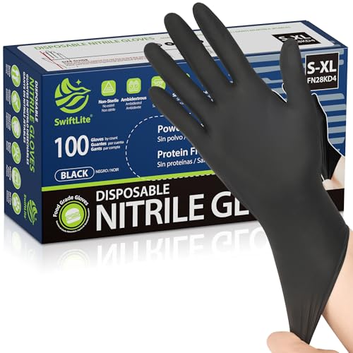 SWIFTLITE Black Nitrile Gloves, Food Safe Disposable Gloves Latex Free, Rubber Gloves Powder Free for Cooking, Kitchen Cleaning (100, X-Large) - Image 1