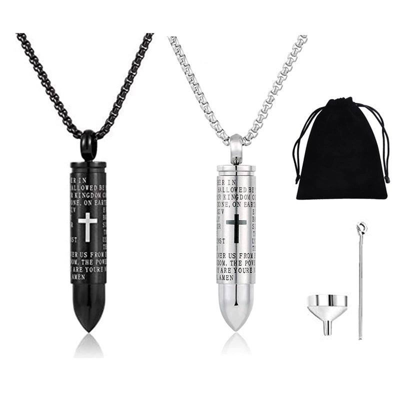 AnHeLin 2PC Bullet Urn Necklace for Ashes, Cremation Necklack for Ashes, Urn Necklaces for Ashes for Women Men, Cremation Jewelry Locket Stainless Steel Keepsake Waterproof Memorial Pend - Image 1