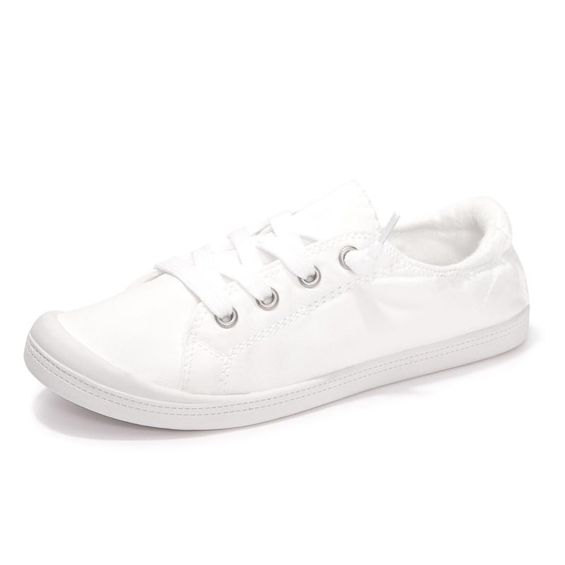FUNKYMONKEY Women's Canvas Sneakers, Classic Low Top Comfort Lace up Slip-On Casual Flat Walking Shoes (8 M US, White/JD) - Image 1