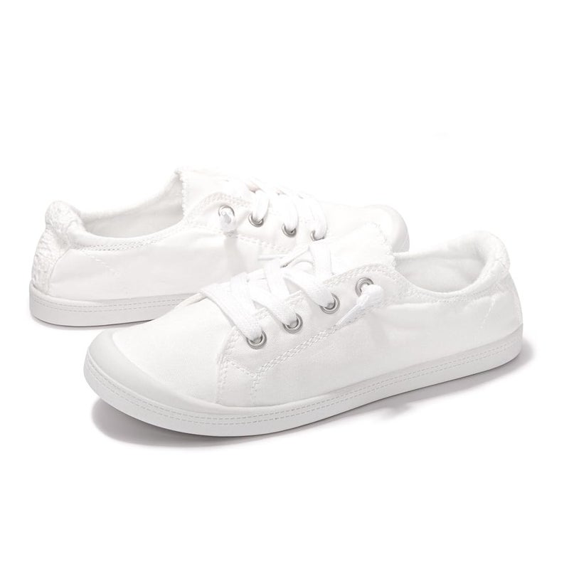 FUNKYMONKEY Women's Canvas Sneakers, Classic Low Top Comfort Lace up Slip-On Casual Flat Walking Shoes (8 M US, White/JD) - Image 3