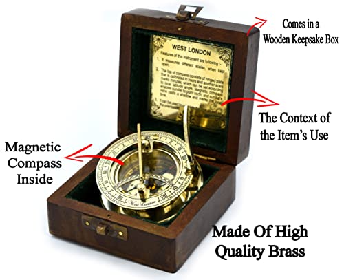 SARA NAUTICAL Antique Brass Sundial Compass, Sundial Clock in Box Gift Sun Clock Ship Replica Watch,Ship Decorations - Image 3