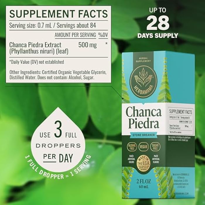 HERBAMAMA Chanca Piedra Kidney Stone Breaker Tincture - Vegan Kidney Stones & Urinary Tract Support with Chanca Piedra Extract - Non-GMO, Alcohol & Sugar-Free Supplement Drops, 28-Day Supply - Image 3