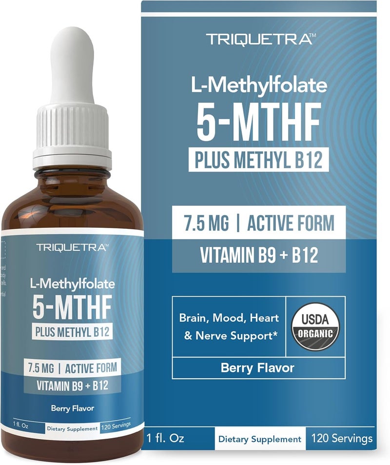 Triquetra Health Organic L Methylfolate 75 mg Plus Methyl B12 Cofactor  Metabolically Active 5MTHF Form Superior Form of Folate  Organic Berry Flavor Liquid Sublingual Form  Mood Cognition Methylation 1oz - Image 1