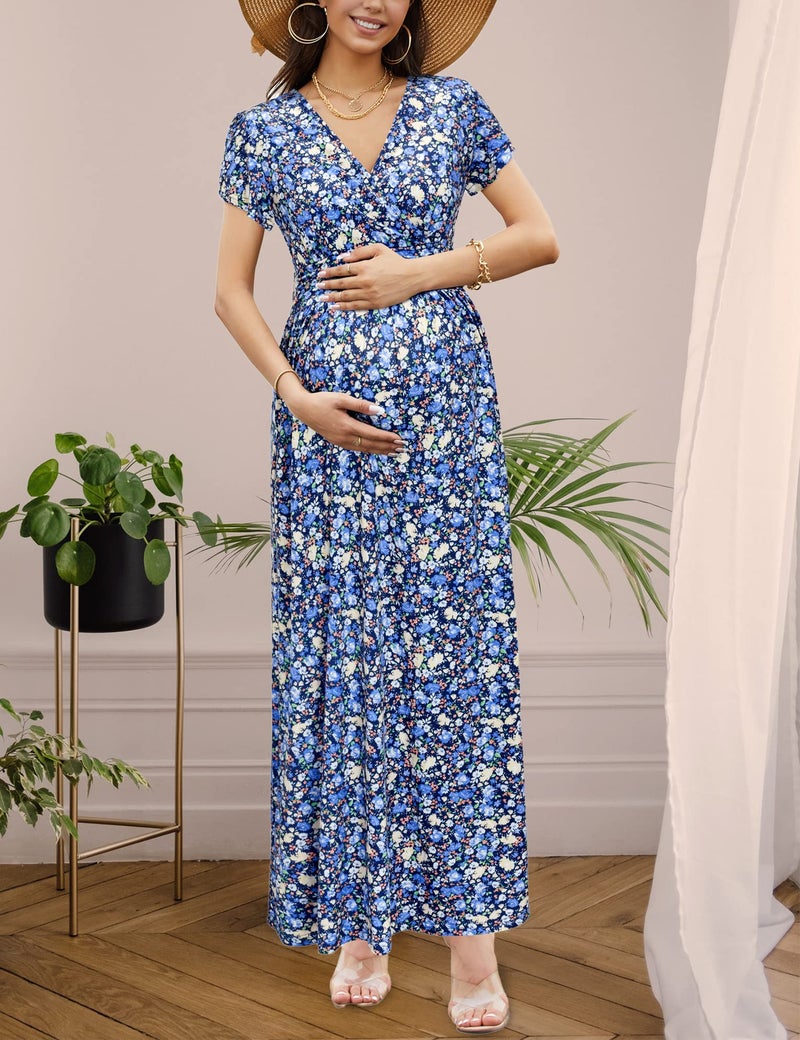 OUGES Maternity Maxi Dress Wrap Baby Shower Pregnancy Dresses for Photoshoot Maternity Outfits Summer Clothes 2026(Floral-4, Medium) - Image 2