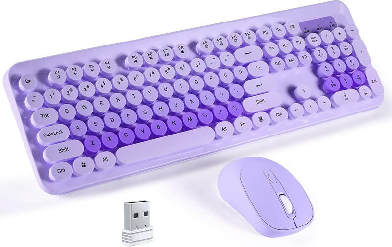 Nsyee Wireless Keyboard and Mouse Combo, 104 Round Keys Retro Full Size Keyboard and Mouse Set with 2.4GHz USB Receiver for PC/Laptop/Tablet/Computer/Windows, US Layout, DarkPurple - Image 1