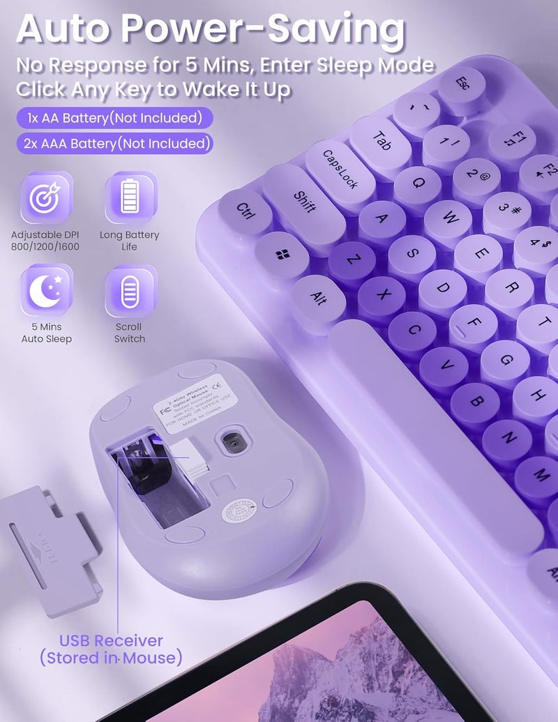 Nsyee Wireless Keyboard and Mouse Combo, 104 Round Keys Retro Full Size Keyboard and Mouse Set with 2.4GHz USB Receiver for PC/Laptop/Tablet/Computer/Windows, US Layout, DarkPurple - Image 4