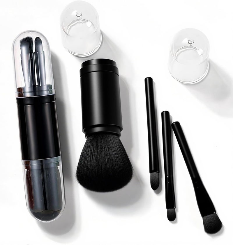 TORMEN 4 in 1 Retractable Makeup Brush Set Portable Travel Cosmetic Brushes for Powder Eyeshadow Highlighter Lip(Black) - Image 1