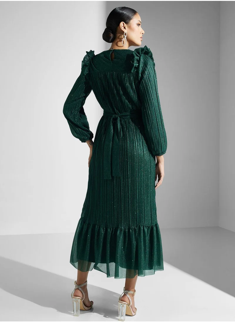 Khizana Pleated Dress With Ruffle Hem