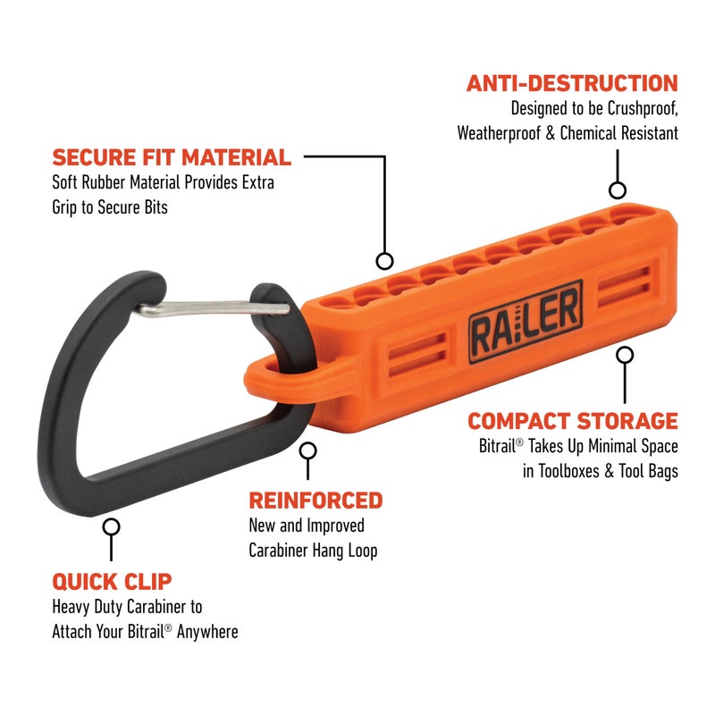 Railer Screwdriver Bit Holder Storage Organizer â€“ Railer 10-Hole Black and Orange Bit Holder with Carabiner - 2 Pack - Image 2
