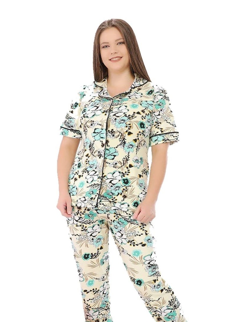 Ganna Women's short-sleeved pyjamas with buttons and summer long pants made of cotton large sizes 