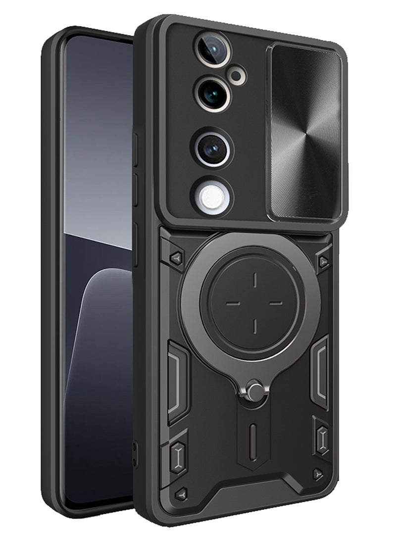 حافظة ل VIVO V40 5G / V40 Pro 5G مع غطاء كاميرا منزلق، مسند، PC+TPU ثنائي الطبقةBlack - Image 1