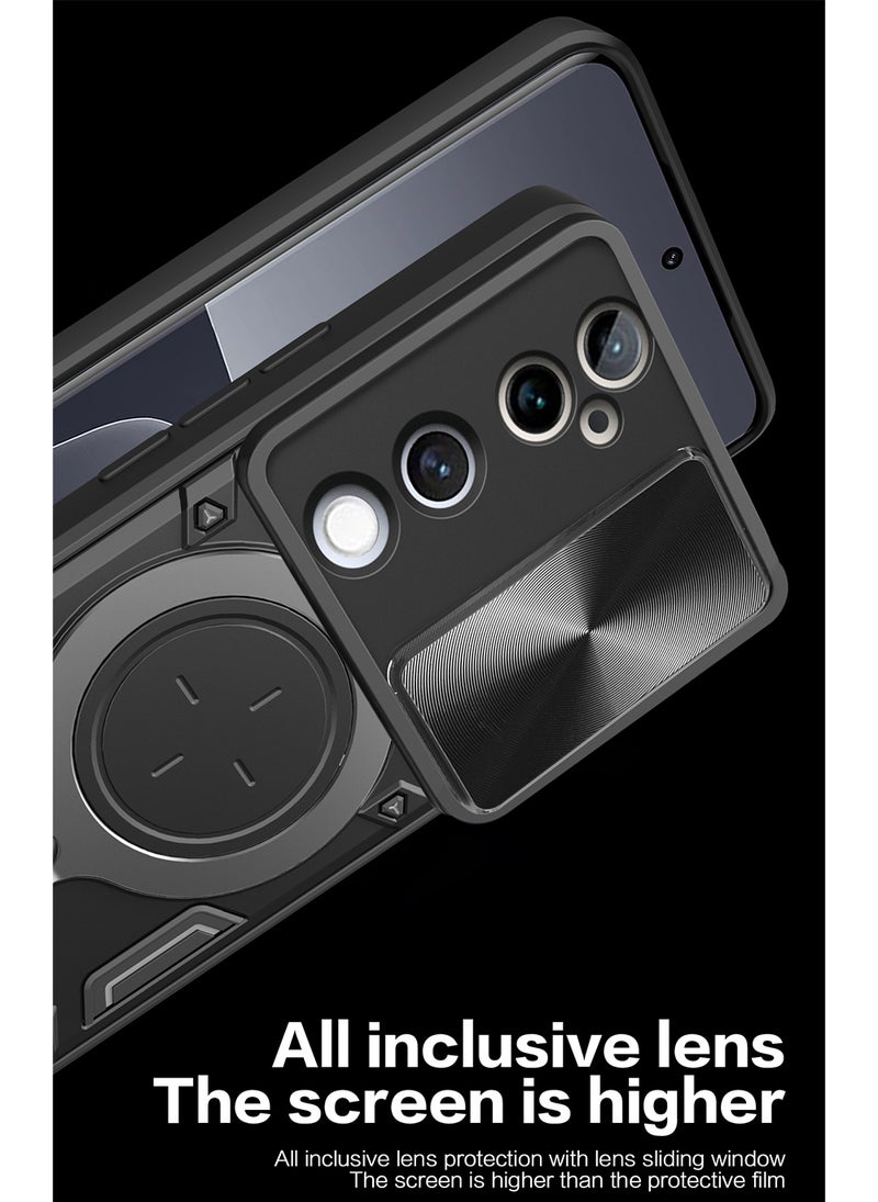 حافظة ل VIVO V40 5G / V40 Pro 5G مع غطاء كاميرا منزلق، مسند، PC+TPU ثنائي الطبقةBlack - Image 4