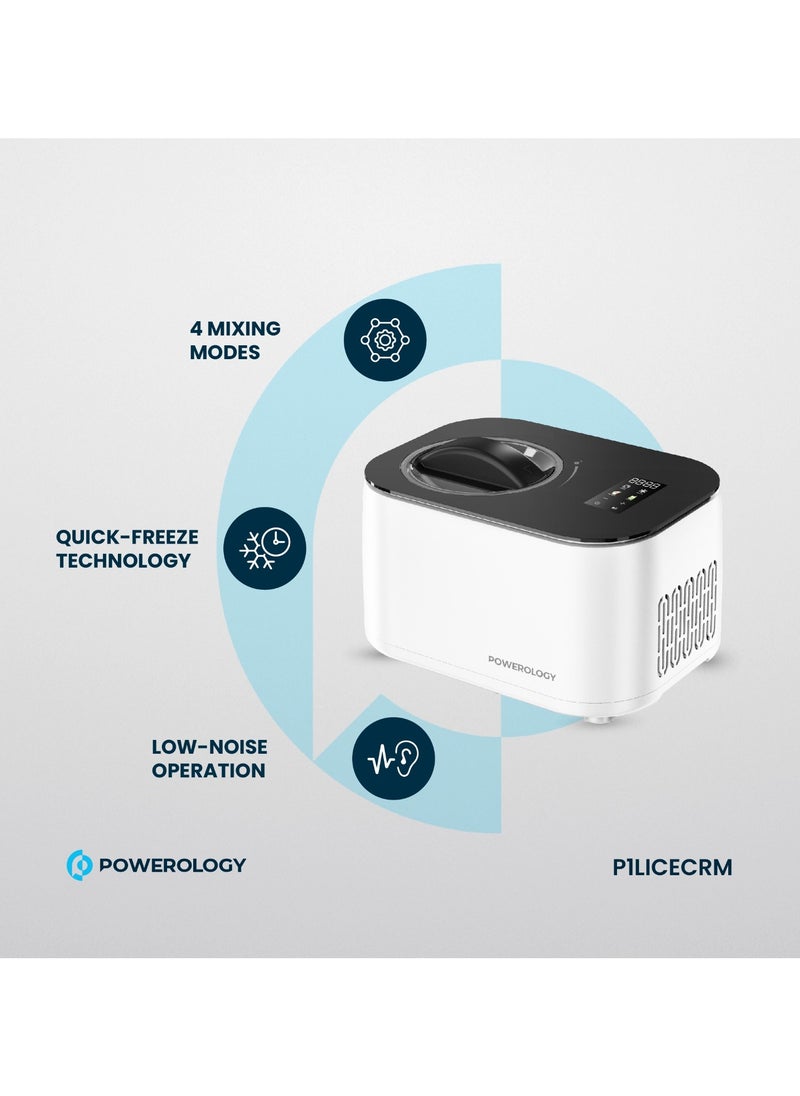Powerology - Ice Cream & Frozen Yogurt Machine 1L with Quick-Freeze Technology & High-Power Compressor / 4 Mixing Modes / Smooth & Creamy / Low-Noise Operation - White - Image 1