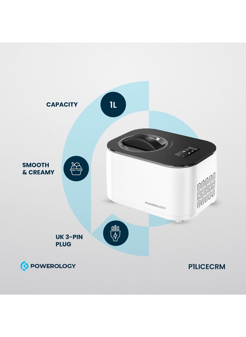Powerology - Ice Cream & Frozen Yogurt Machine 1L with Quick-Freeze Technology & High-Power Compressor / 4 Mixing Modes / Smooth & Creamy / Low-Noise Operation - White - Image 1