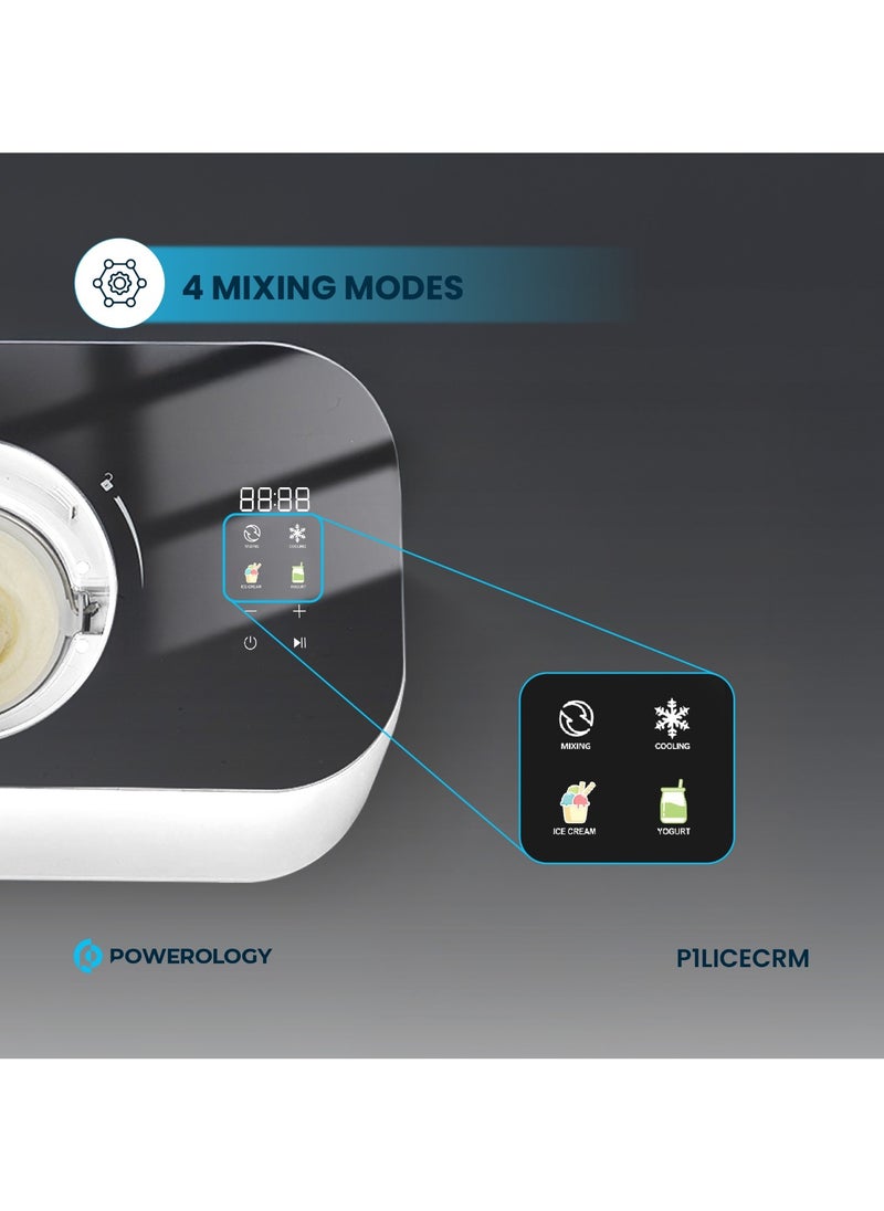 Powerology - Ice Cream & Frozen Yogurt Machine 1L with Quick-Freeze Technology & High-Power Compressor / 4 Mixing Modes / Smooth & Creamy / Low-Noise Operation - White - Image 1