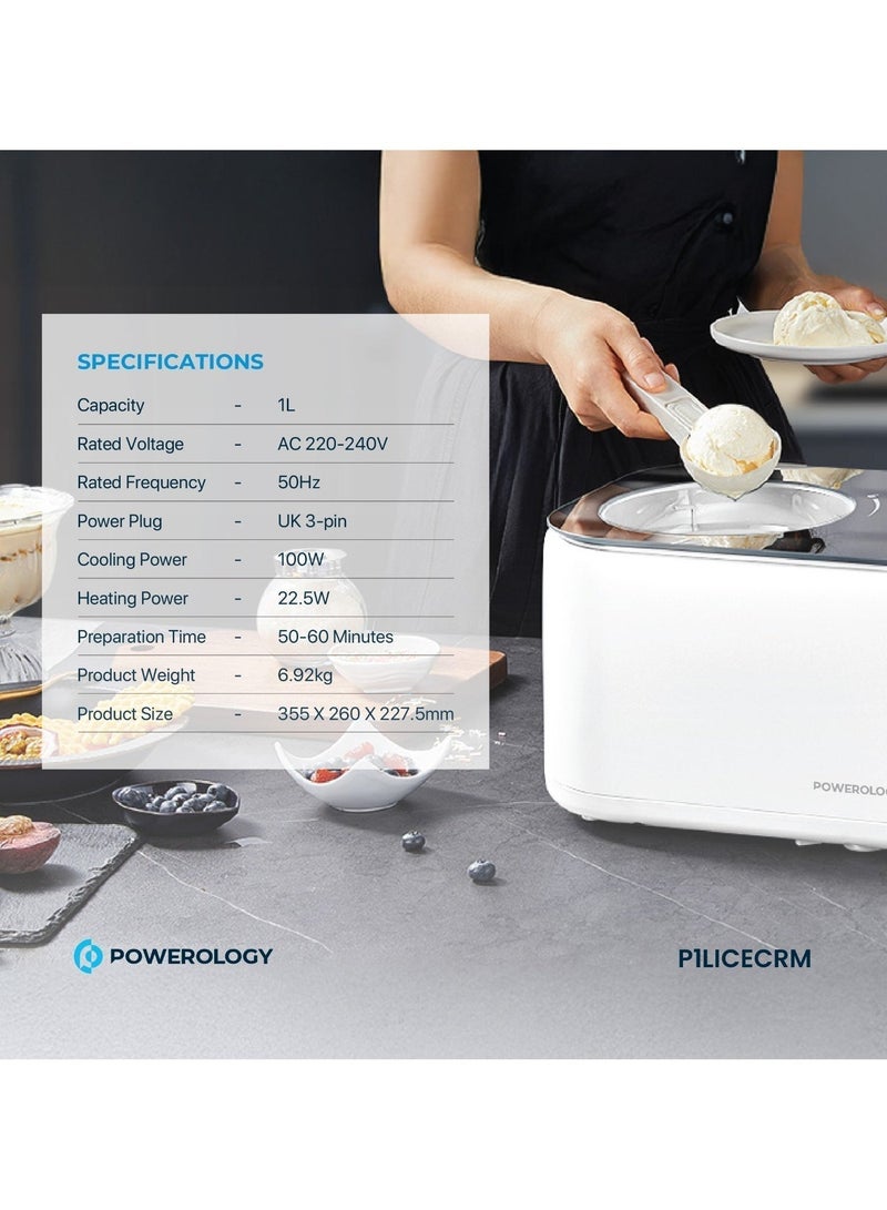 Powerology Ice Cream Maker, Frozen Yogurt Machine, 1L Capacity, 100W Cooling Power, 4 Mixing Modes, Ice Cream Machine, Quick-Freeze Technology, Low-Noise Operation, Smooth & Creamy - White - Image 2
