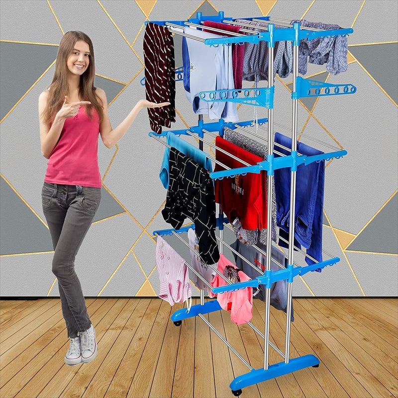 Blossom Creation Blossom Creation Premium Clothes Stand for Drying with Wheels Portable 3 Layer Rack for Balcony Foldable Wings 24 Hanger Rods Anti Rust Steel Metal Orange Prince Jumbo  - Image 2