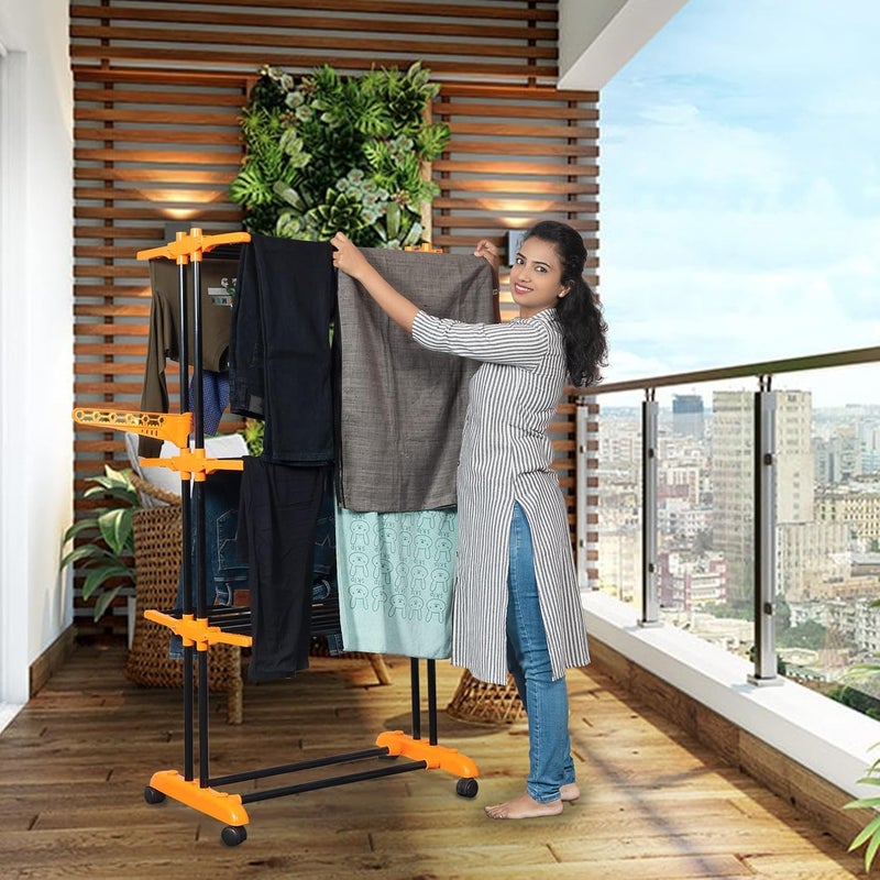 Blossom Creation Blossom Creation Premium Clothes Stand for Drying with Wheels Portable 3 Layer Rack for Balcony Foldable Wings 24 Hanger Rods Anti Rust Steel Metal Orange Prince Jumbo  - Image 1