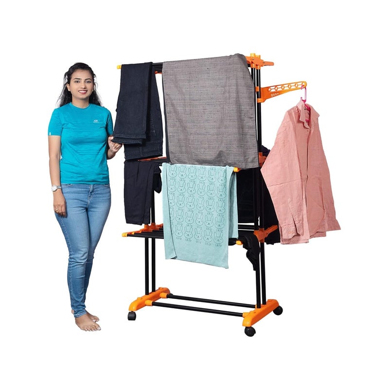 Blossom Creation Blossom Creation Premium Clothes Stand for Drying with Wheels Portable 3 Layer Rack for Balcony Foldable Wings 24 Hanger Rods Anti Rust Steel Metal Orange Prince Jumbo  - Image 4