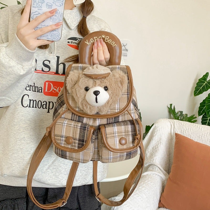 Cute Cartoon Bear Plaid Backpack for Women - Image 2