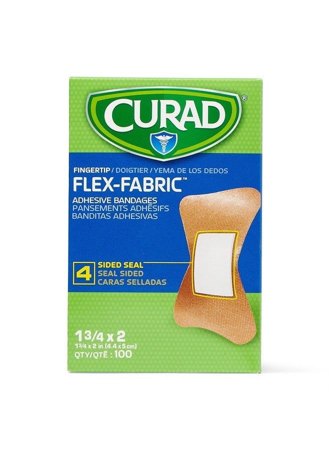CURAD Flex-Fabric Adhesive Fingertip Bandages, Skin-Friendly Adhesive, 2 x 1.75 Inches, Breathable Fabric, 100 Bandages Per Box - Image 1