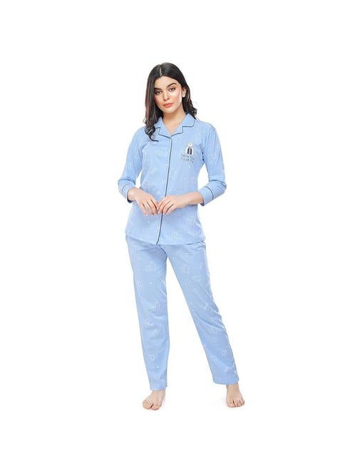 Women's Cotton Heart Printed Night Suit Set Of Shirt & Pajama Set