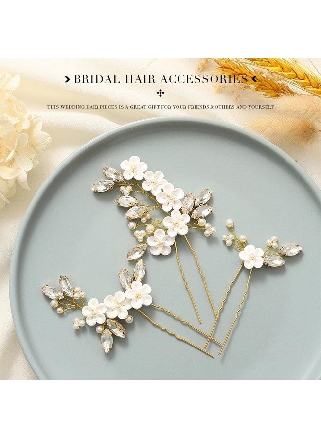 يونيكرا دبابيس شعر زفاف من Unicra Flower Bride باللون الذهبي من الكريستال وإكسسوارات شعر اللؤلؤ للنساء والفتيات (عبوة من 3 قطع) (ذهبي) - Image 2