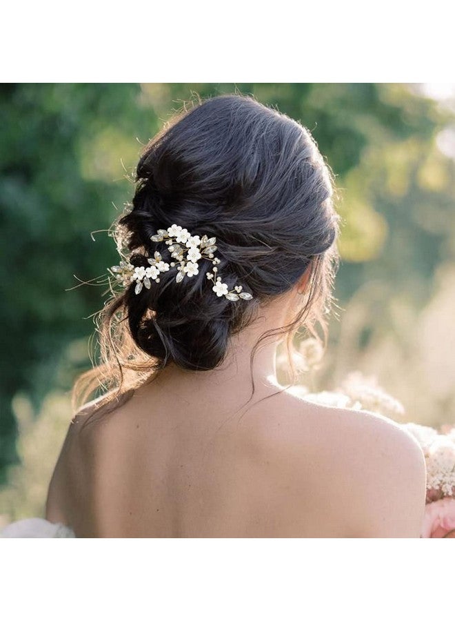 يونيكرا دبابيس شعر زفاف من Unicra Flower Bride باللون الذهبي من الكريستال وإكسسوارات شعر اللؤلؤ للنساء والفتيات (عبوة من 3 قطع) (ذهبي) - Image 3