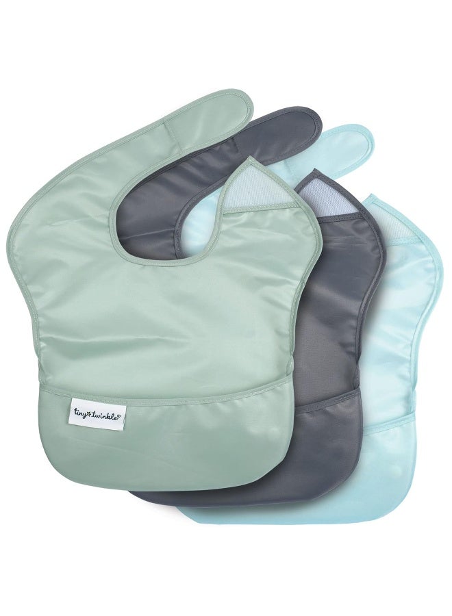 Tiny Twinkle Mess Proof Baby Bibs for Eating - Waterproof, Wipeable Bibs - Toddler Bibs - Travel Friendly - PFAS, PVC, BPA, Phthalate Free - Baby Food Bibs (3 Pack,Sage, Charcoal) - Image 1