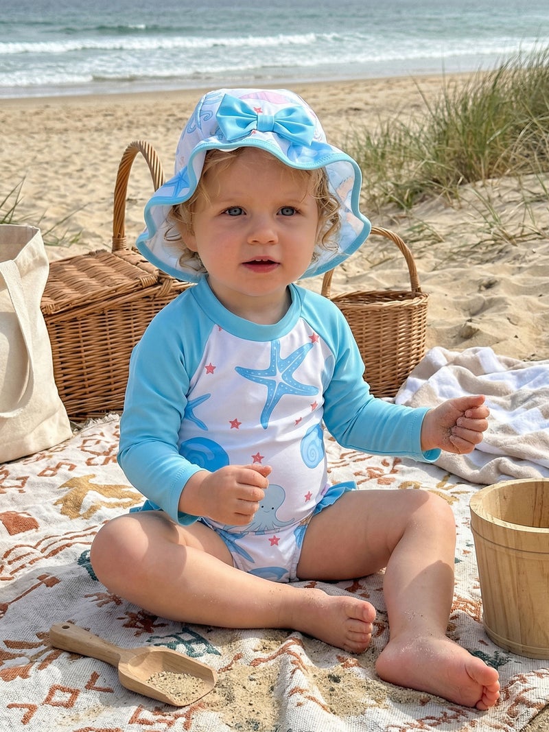 Baby Girls Rash Guard Swimsuit Rompers Starfish Octopus Print Long Sleeve Crew Neck Infant Bathing Suit with Swim Cap - Image 5