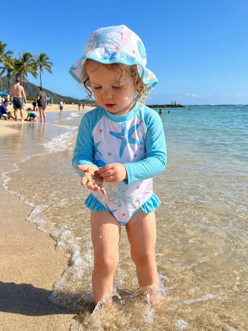 Baby Girls Rash Guard Swimsuit Rompers Starfish Octopus Print Long Sleeve Crew Neck Infant Bathing Suit with Swim Cap - Image 2
