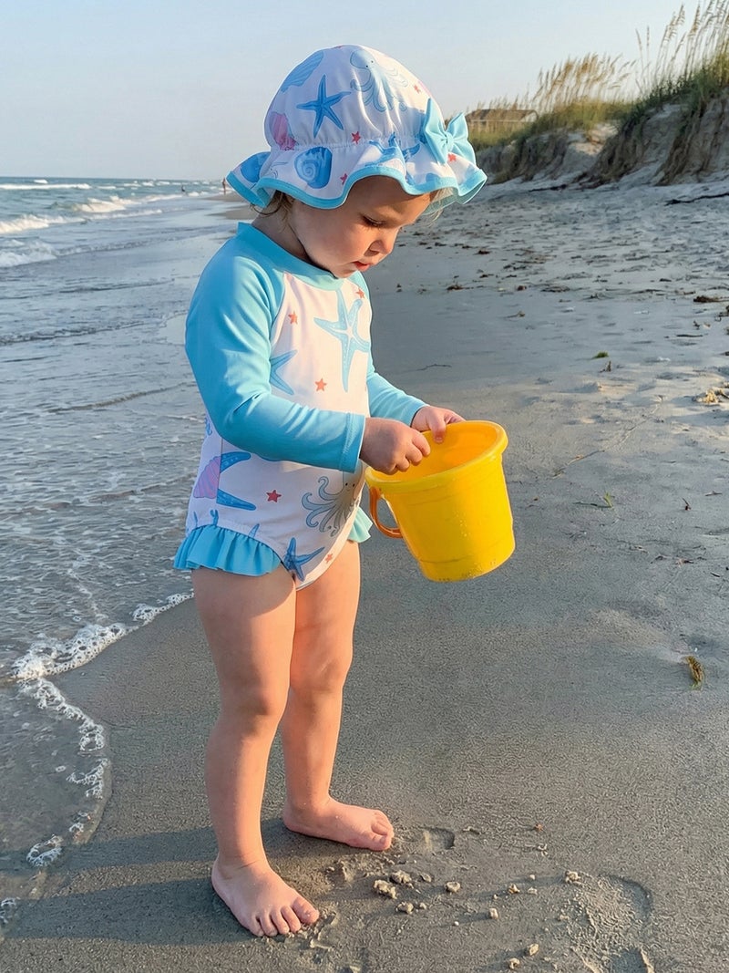 Baby Girls Rash Guard Swimsuit Rompers Starfish Octopus Print Long Sleeve Crew Neck Infant Bathing Suit with Swim Cap - Image 4