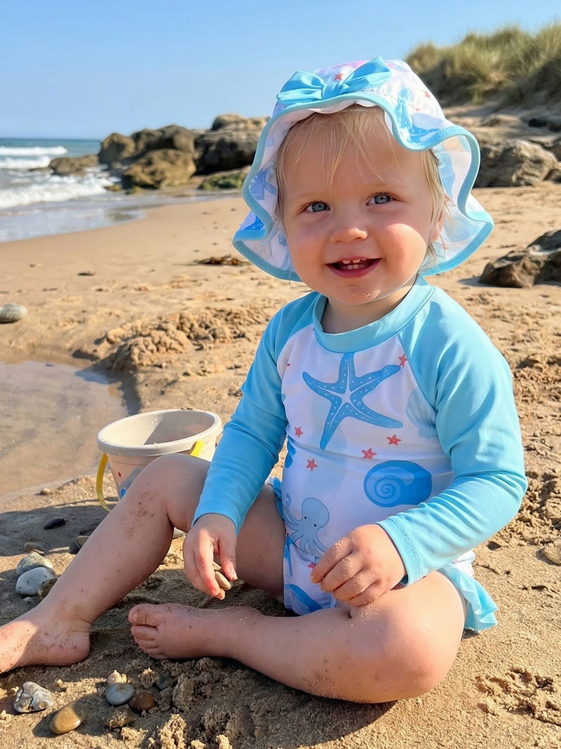 Baby Girls Rash Guard Swimsuit Rompers Starfish Octopus Print Long Sleeve Crew Neck Infant Bathing Suit with Swim Cap - Image 1