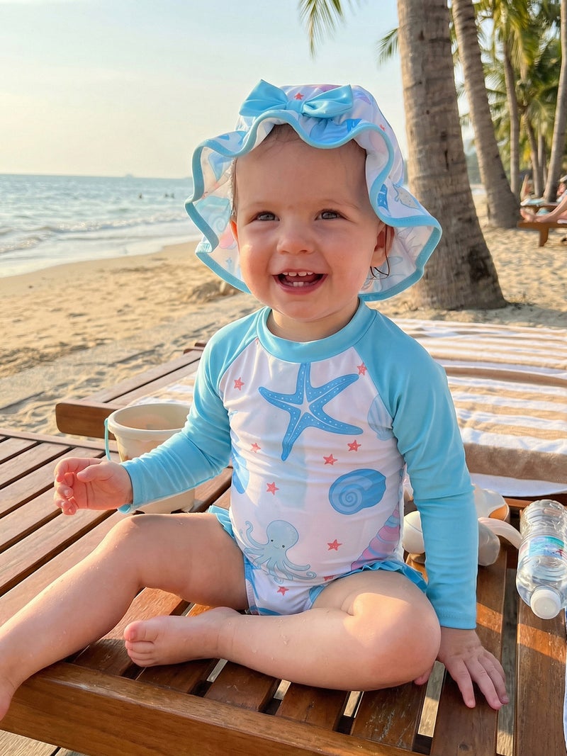Baby Girls Rash Guard Swimsuit Rompers Starfish Octopus Print Long Sleeve Crew Neck Infant Bathing Suit with Swim Cap - Image 3