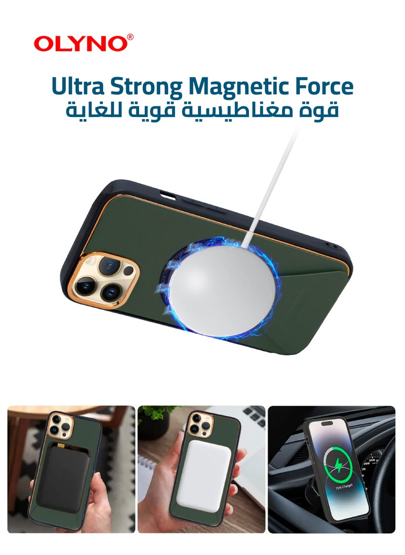OLYNO - MagnaLux iPhone 14 Pro Luxury Leather Back Case Cover With MagSafe Wireless Charging And Kickstand Green Color - Image 1