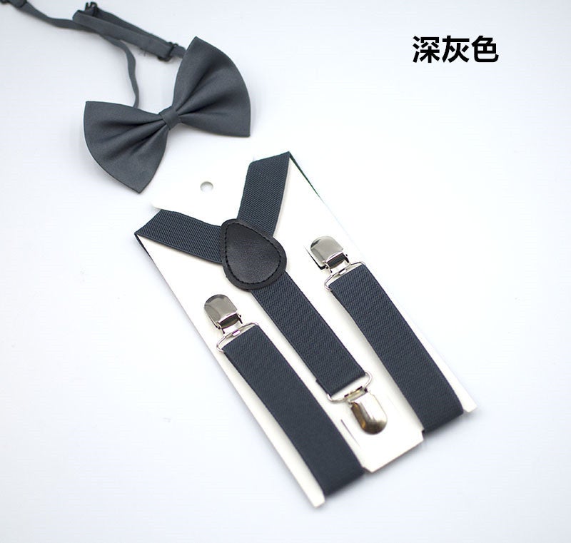 Kids Unisex Solid Y-Back Suspenders Bowtie Set Dark gray 