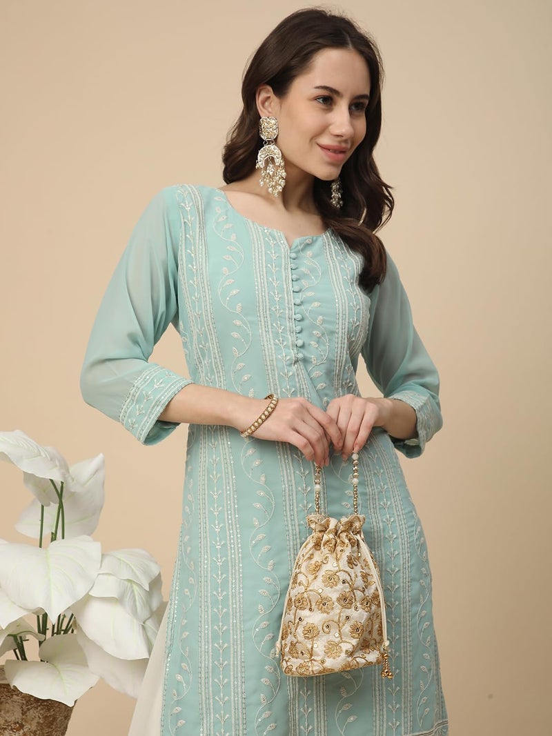 RATAN Women Georgette Straight Fit Lucknowi Chikankari Ethinic Wear Kurta (VAN-1247-L_Olive) - Image 3