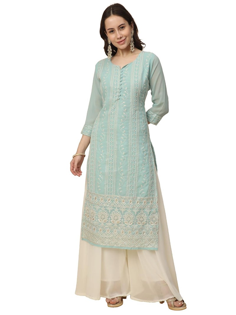 RATAN Women Georgette Straight Fit Lucknowi Chikankari Ethinic Wear Kurta (VAN-1247-L_Olive) - Image 1